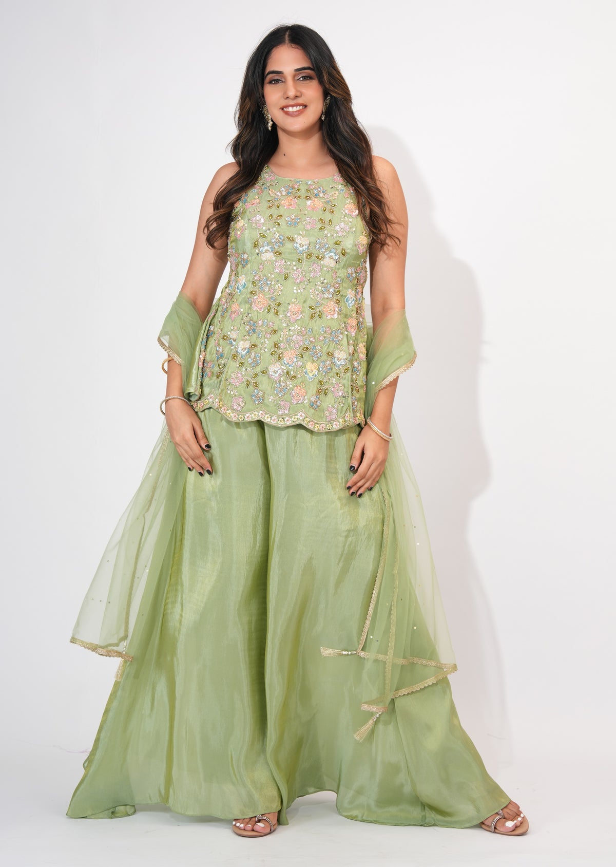 Dusty Green Tissue Sharara Set