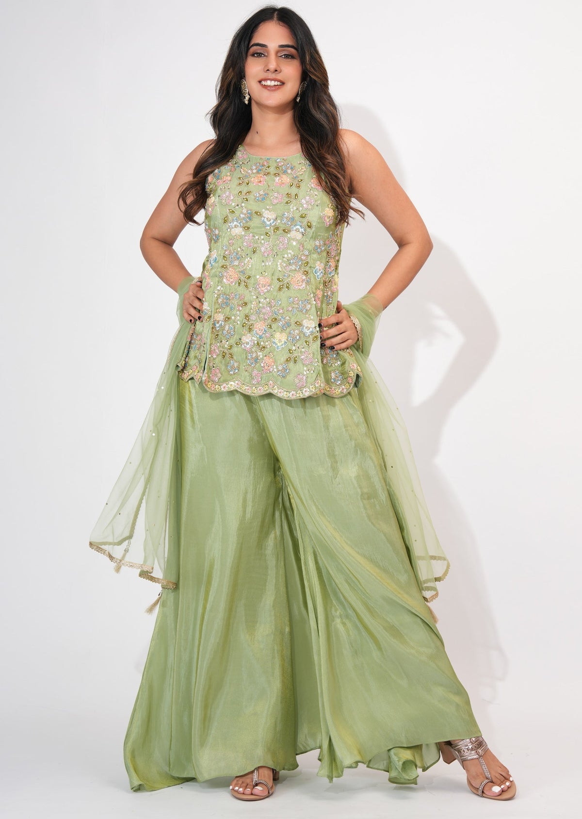 Dusty Green Tissue Sharara Set
