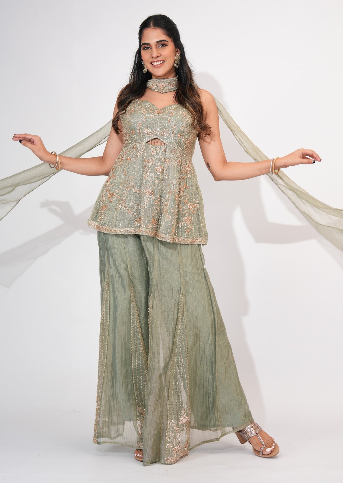 Dusty Green Tissue Sharara Set