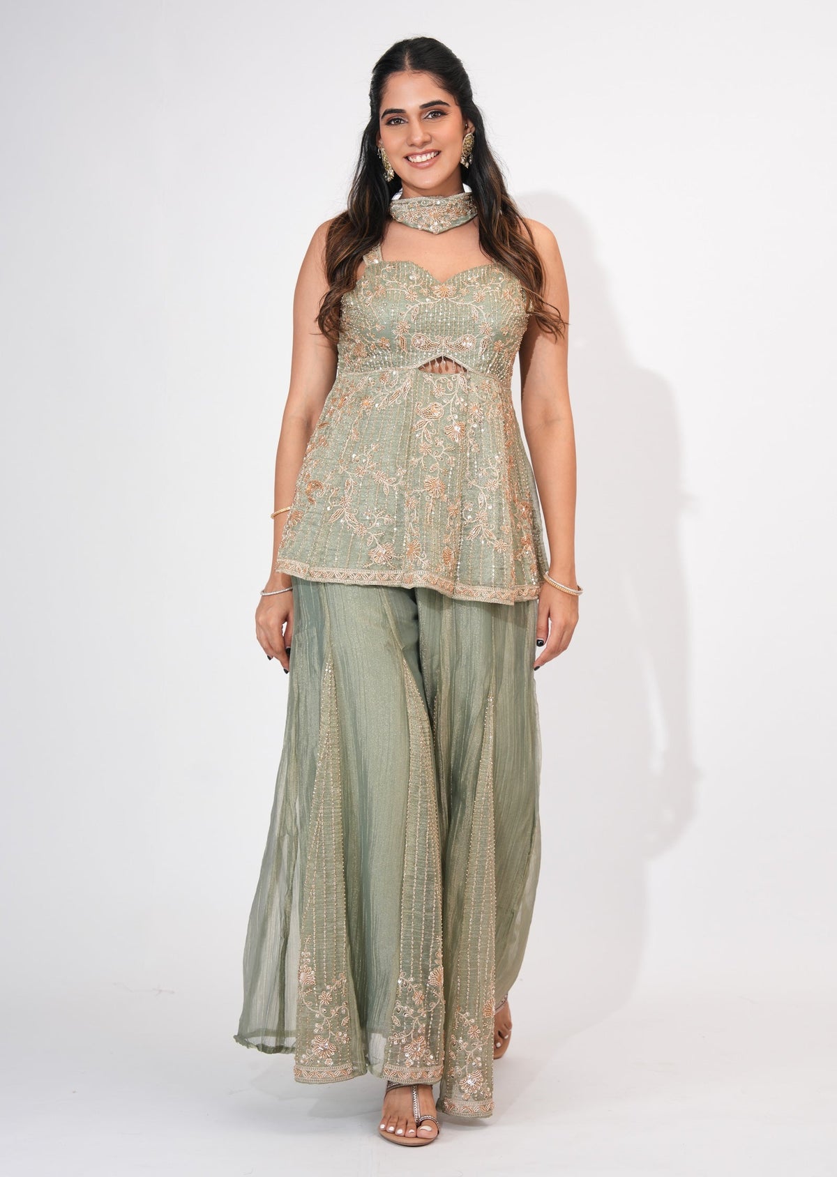 Dusty Green Tissue Sharara Set