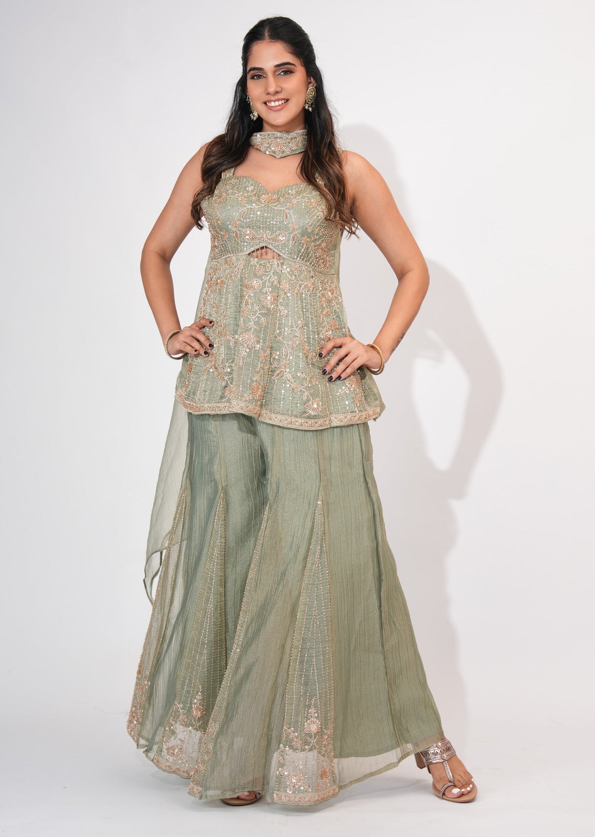 Dusty Green Tissue Sharara Set
