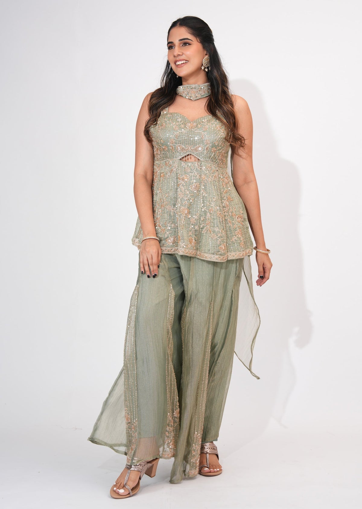 Dusty Green Tissue Sharara Set