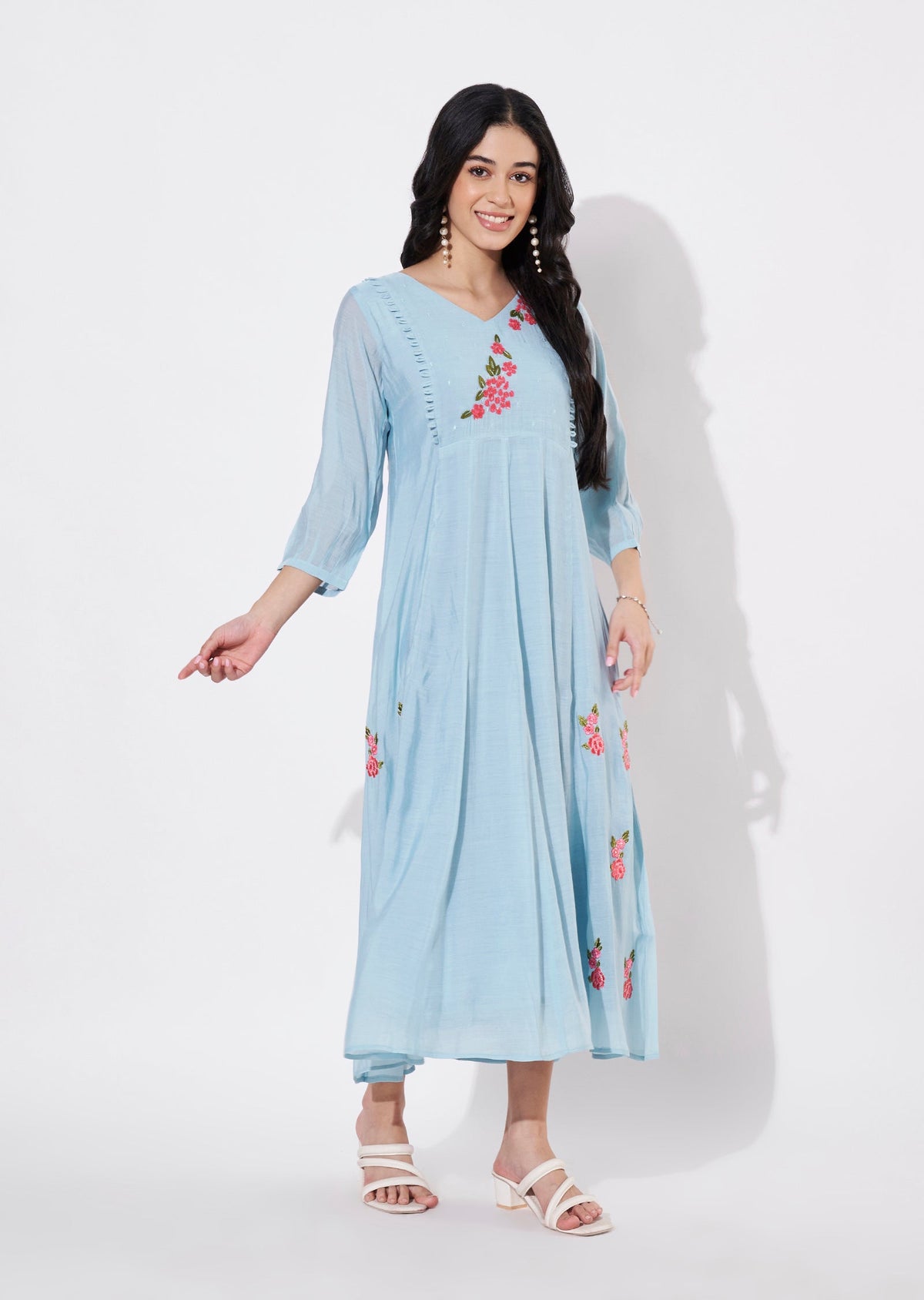 Dusty Blue Mul Chanderi Frock style kurti