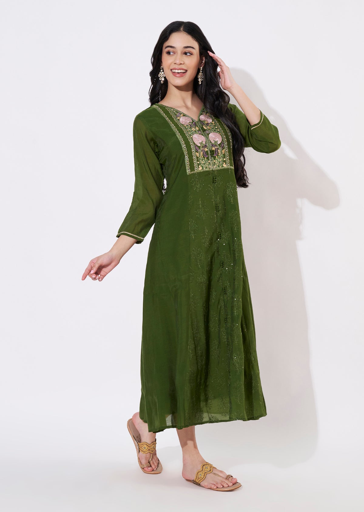 Mehndi Green Mul Chanderi Frock style kurti
