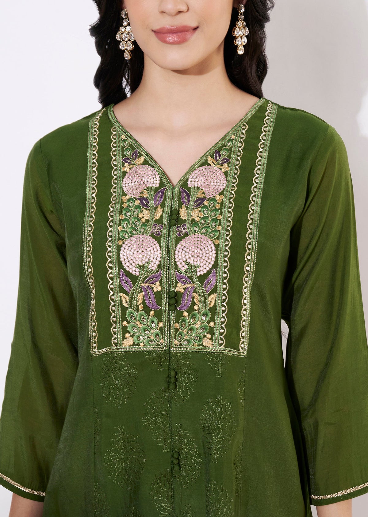 Mehndi Green Mul Chanderi Frock style kurti