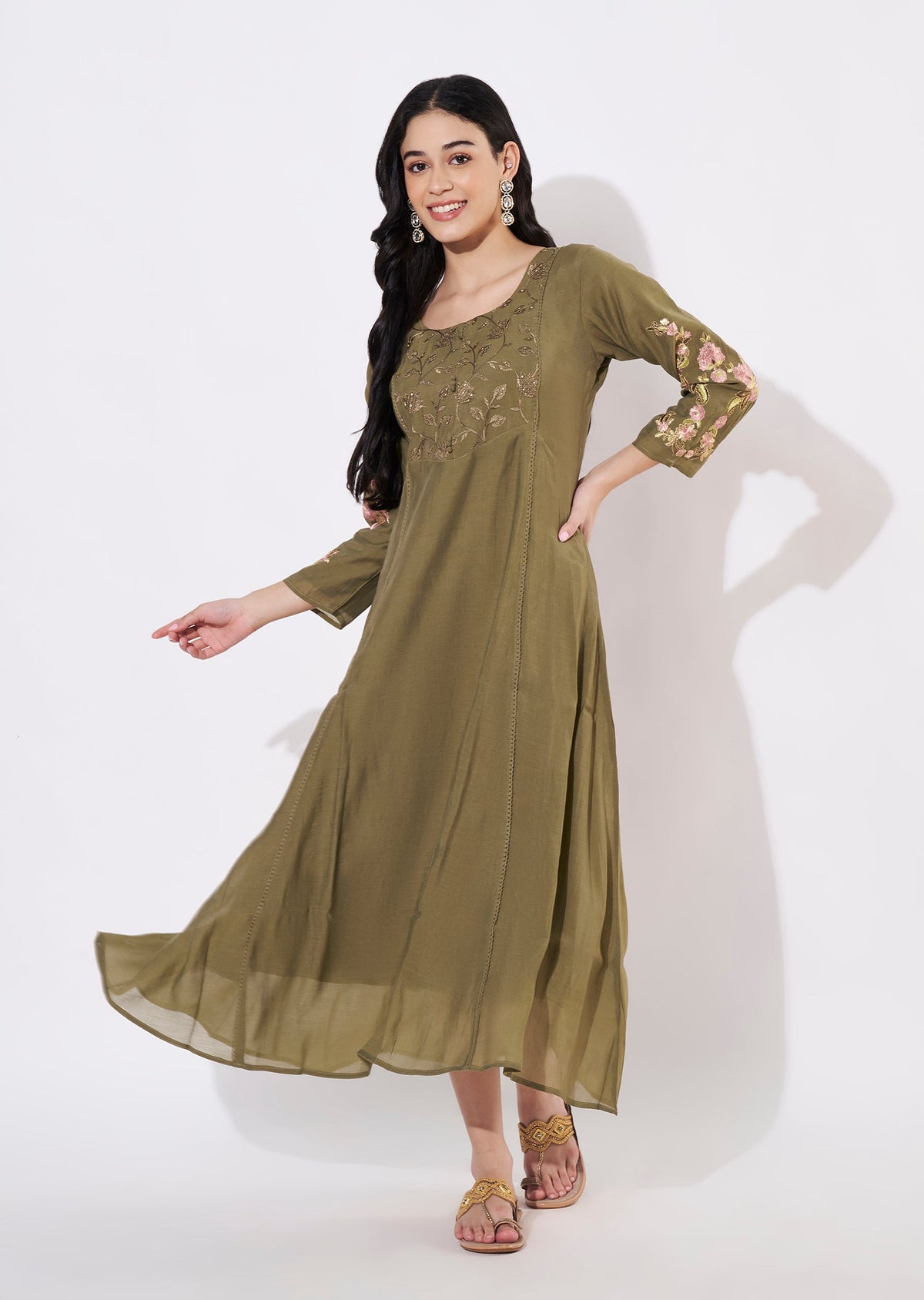 Olive Green Mul Chanderi Frock style kurti