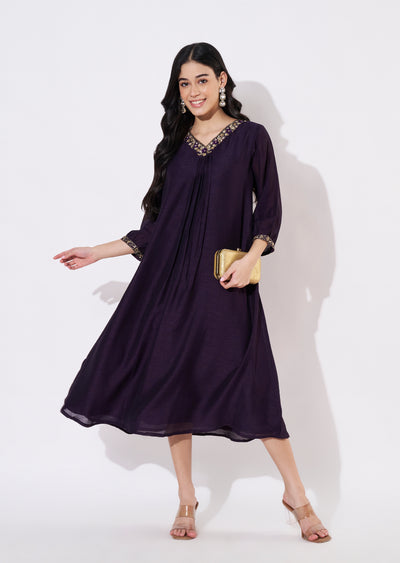 Dark Purple Vichitra Silk Frock style kurti