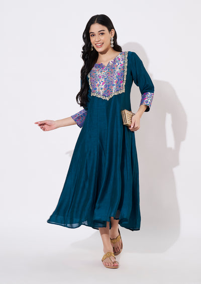 Rama Blue Vichitra Silk Frock style kurti