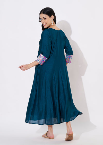 Rama Blue Vichitra Silk Frock style kurti