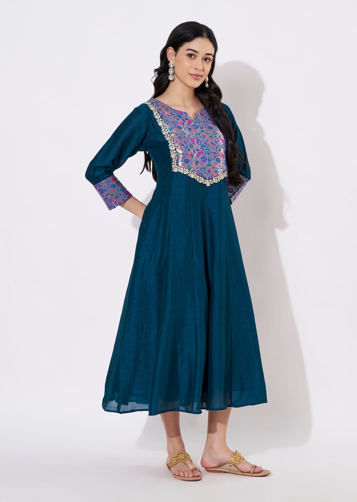 Rama Blue Vichitra Silk Frock style kurti