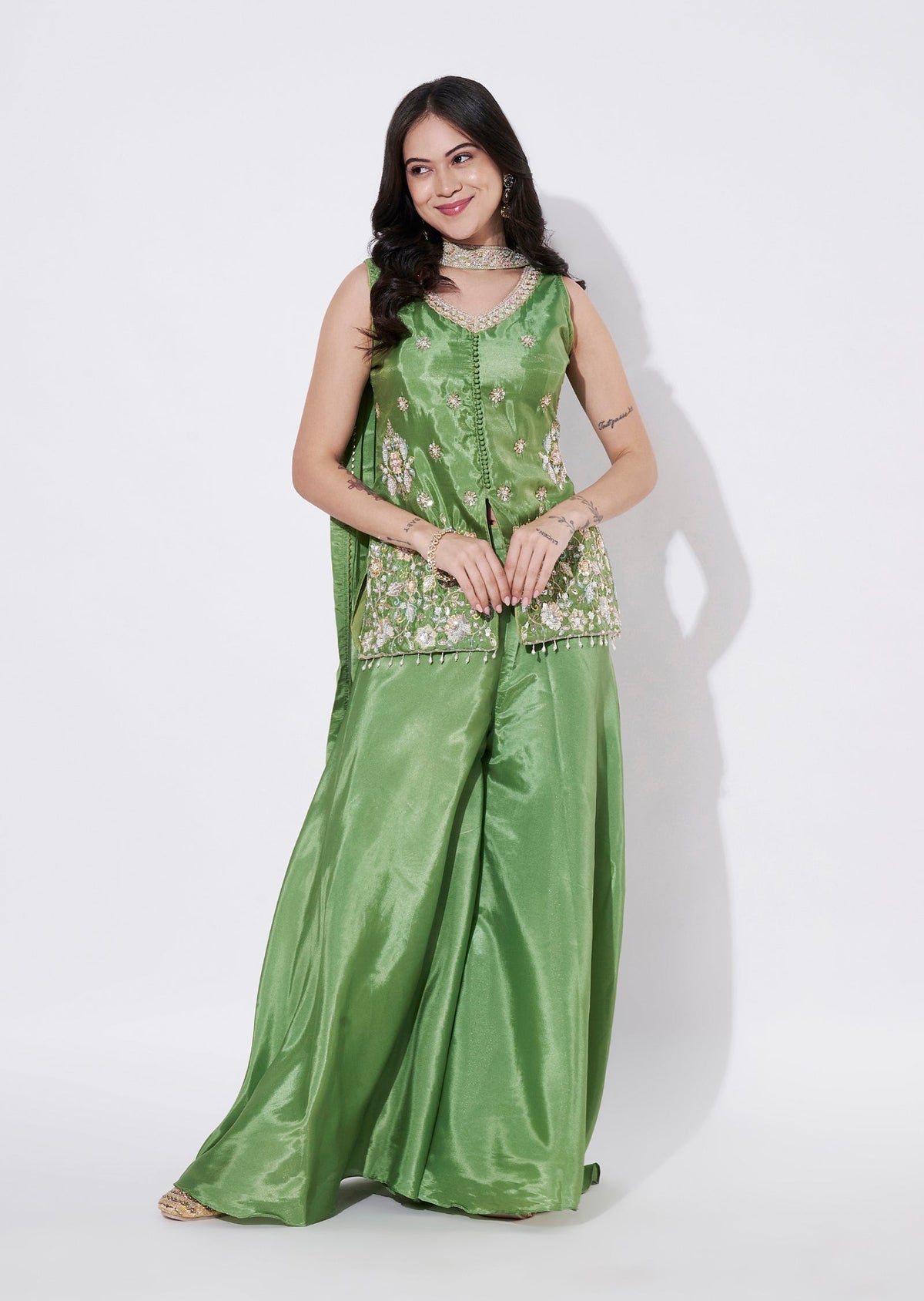 Green Tissue Sharara Set