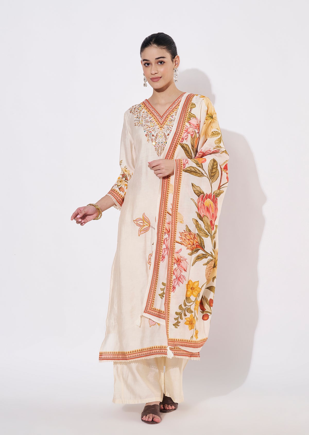 Beige Silk Straight cut suit