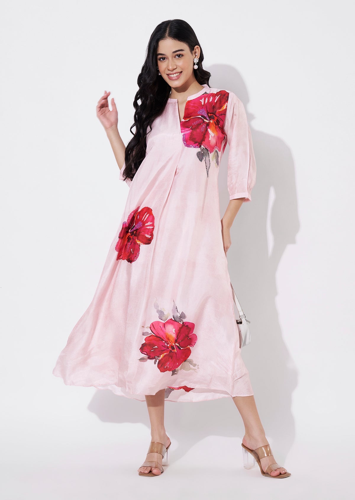 Baby Pink Dola Silk Frock style kurti