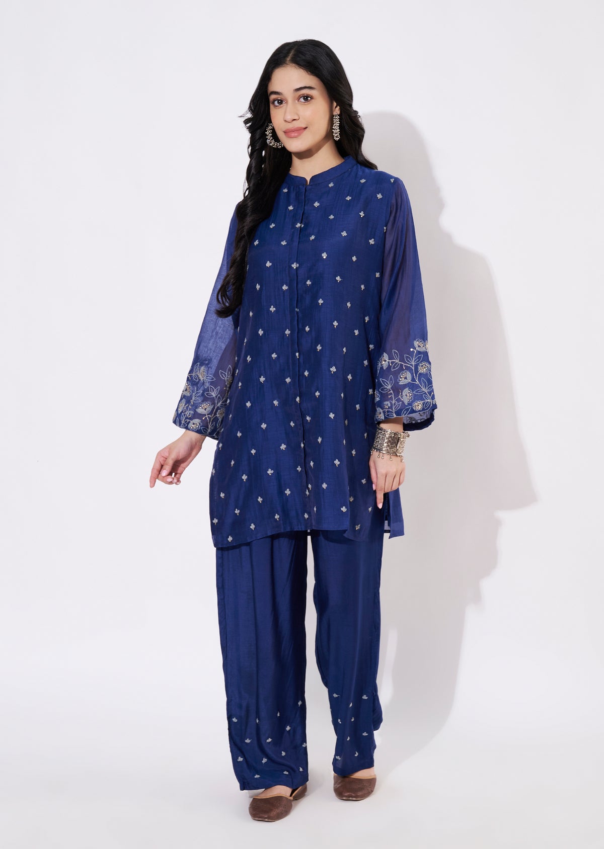 Navy Blue Chanderi Fusion wear kurti