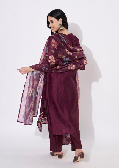 Wine Chanderi Straight cut suit