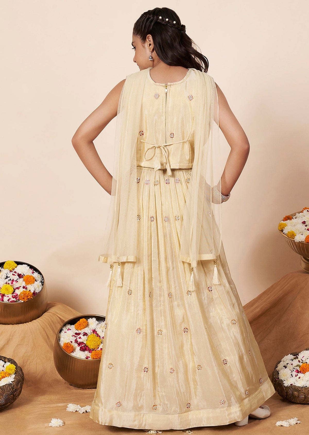 Beige Tissue Girls Ghagra Choli