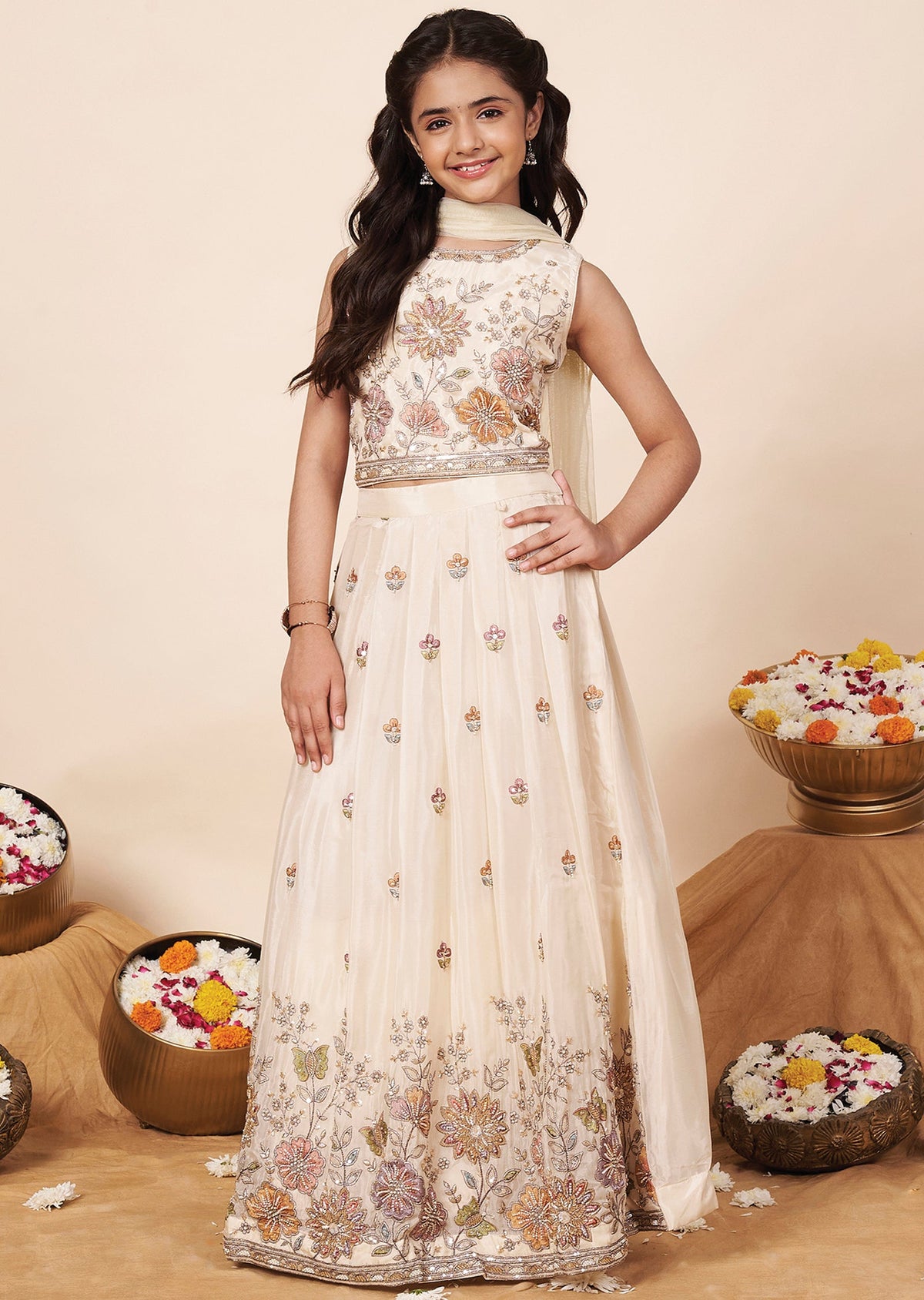 Beige Tissue Girls Ghagra Choli