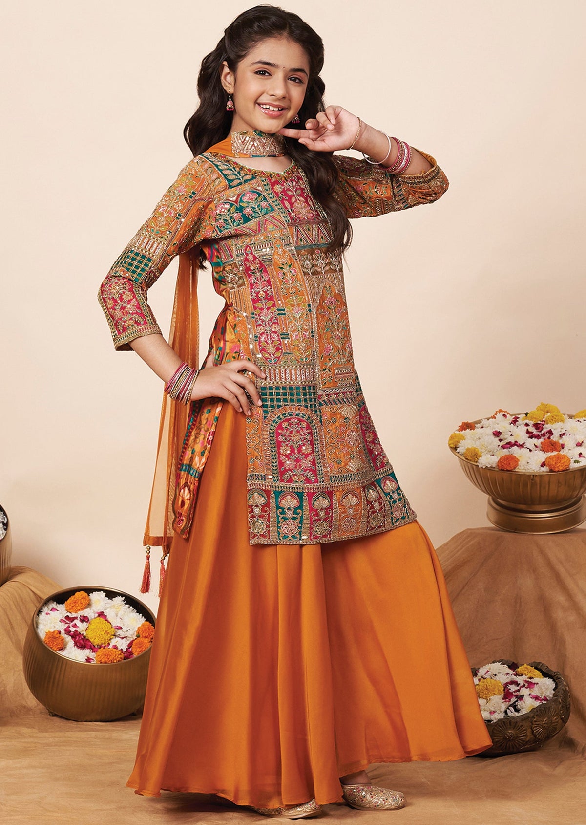 Orange Crepe Girla Gharara