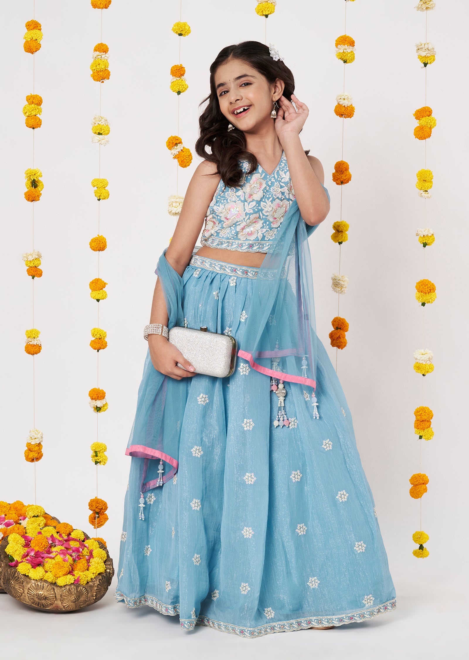 Blue Tissue Girls Ghagra Choli