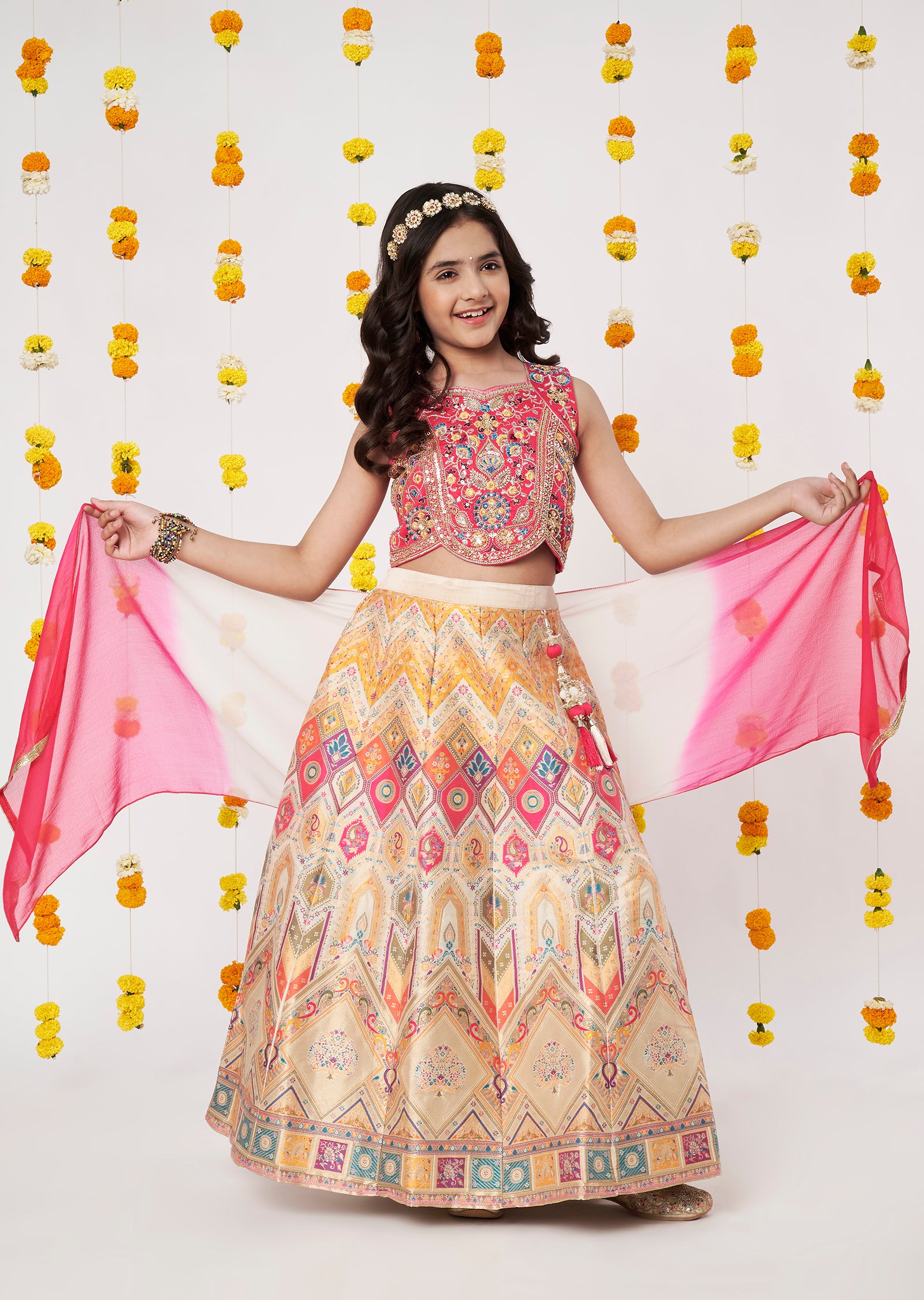 Cream Banara Girls Ghagra Choli