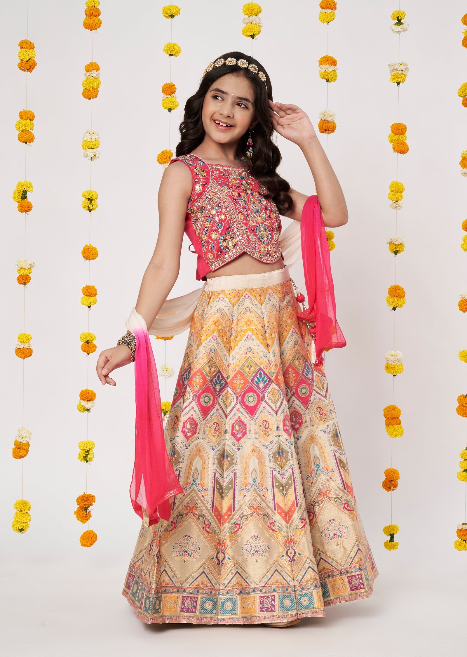 Cream Banara Girls Ghagra Choli