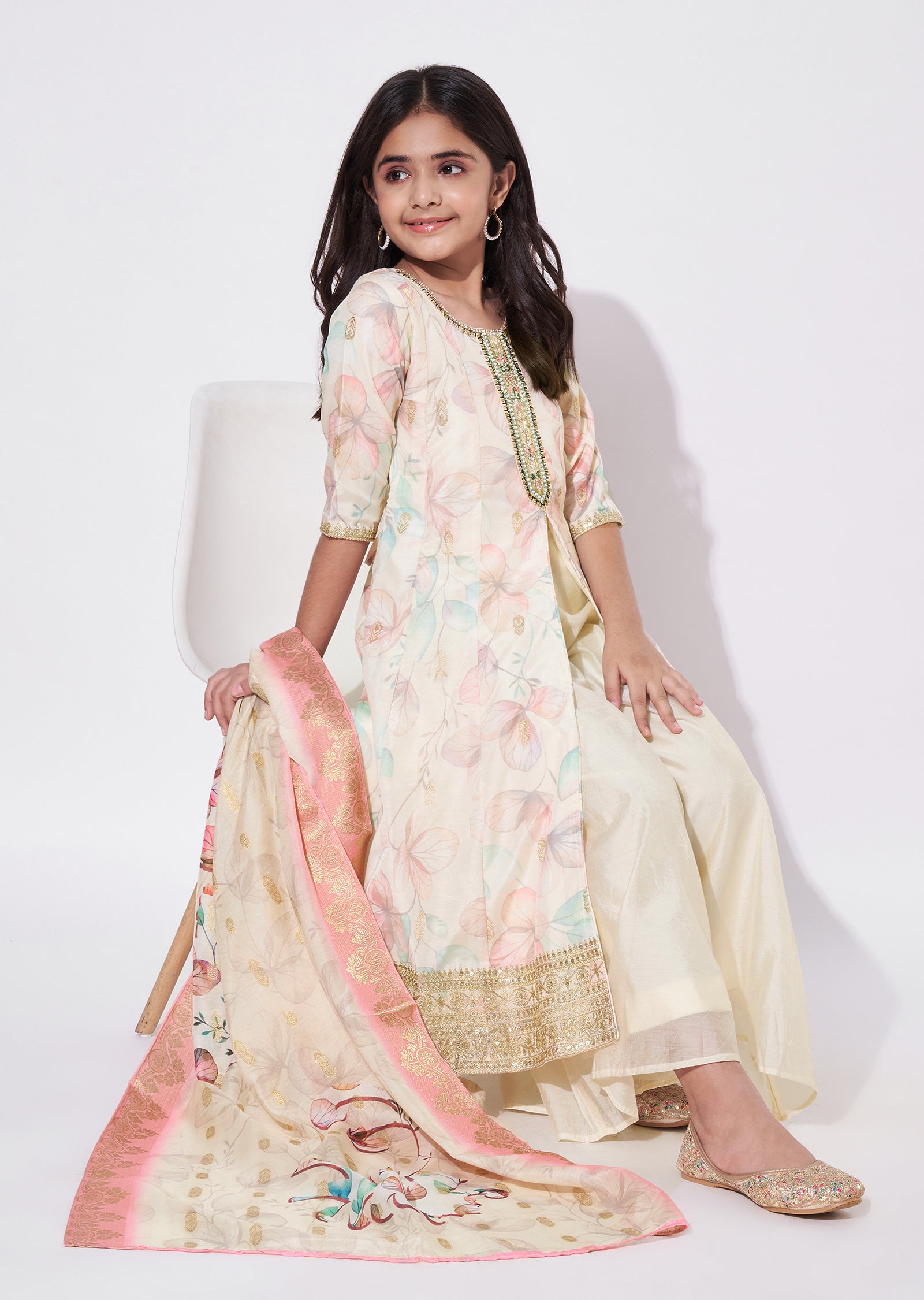 Cream Silk Anarkali Set - Long