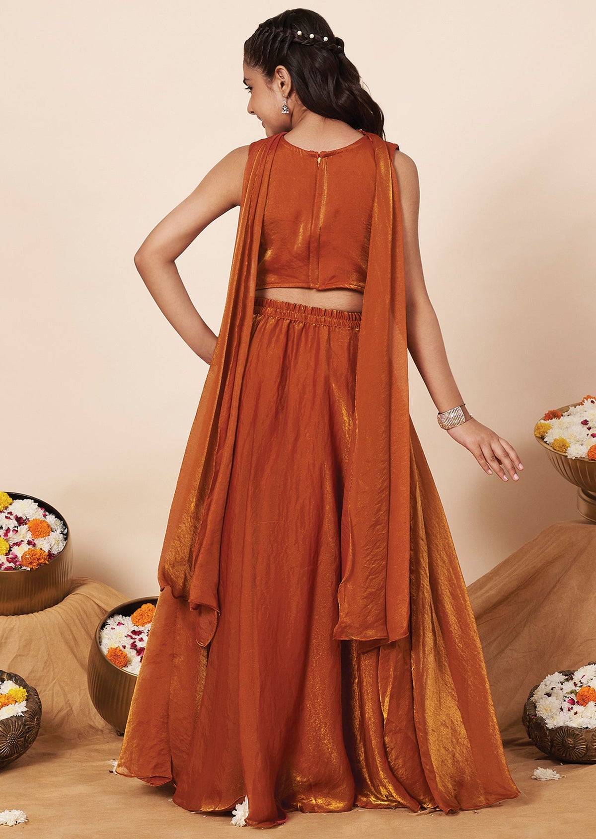Dark Rust Tissue Girls Ghagra Choli
