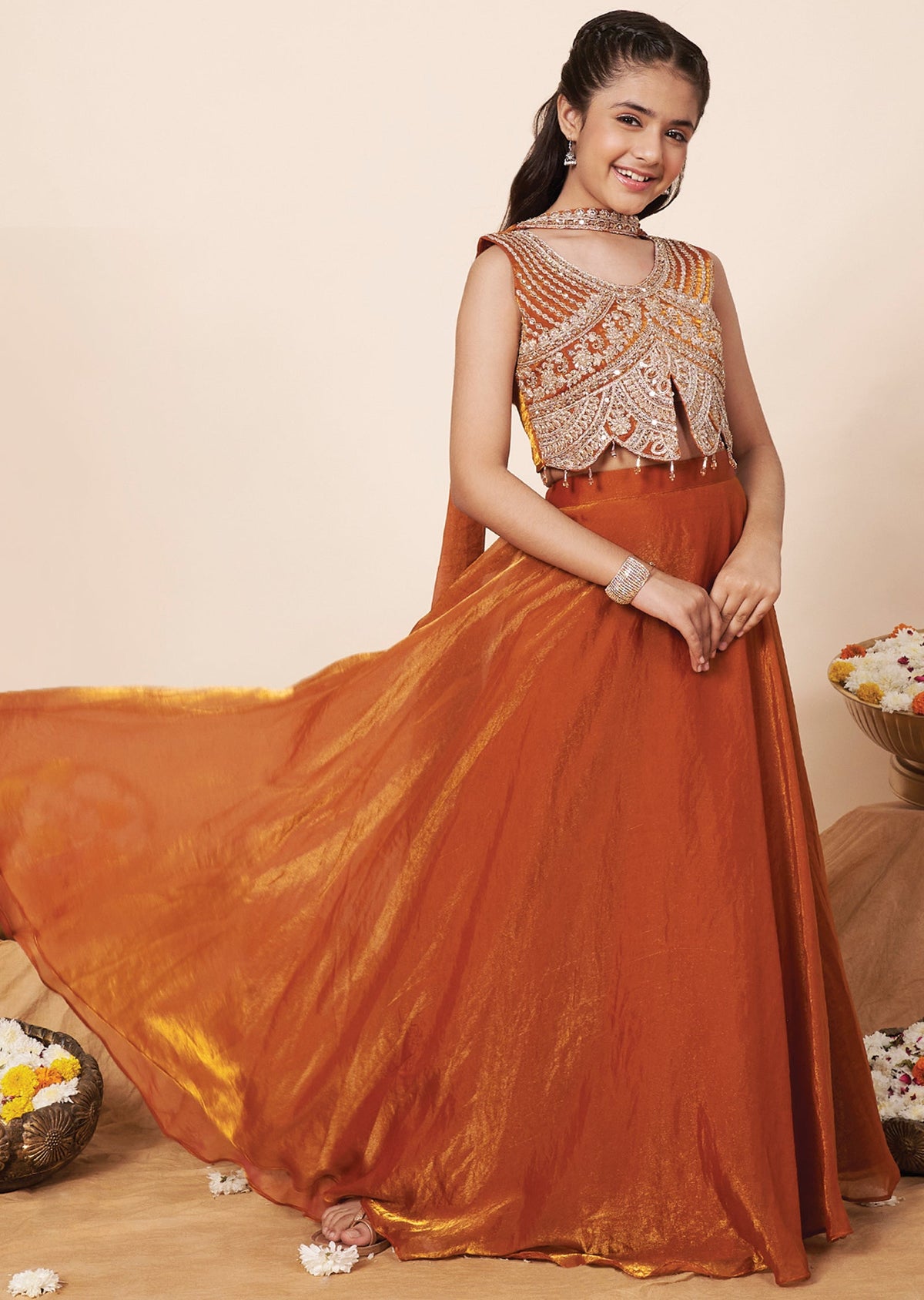 Dark Rust Tissue Girls Ghagra Choli