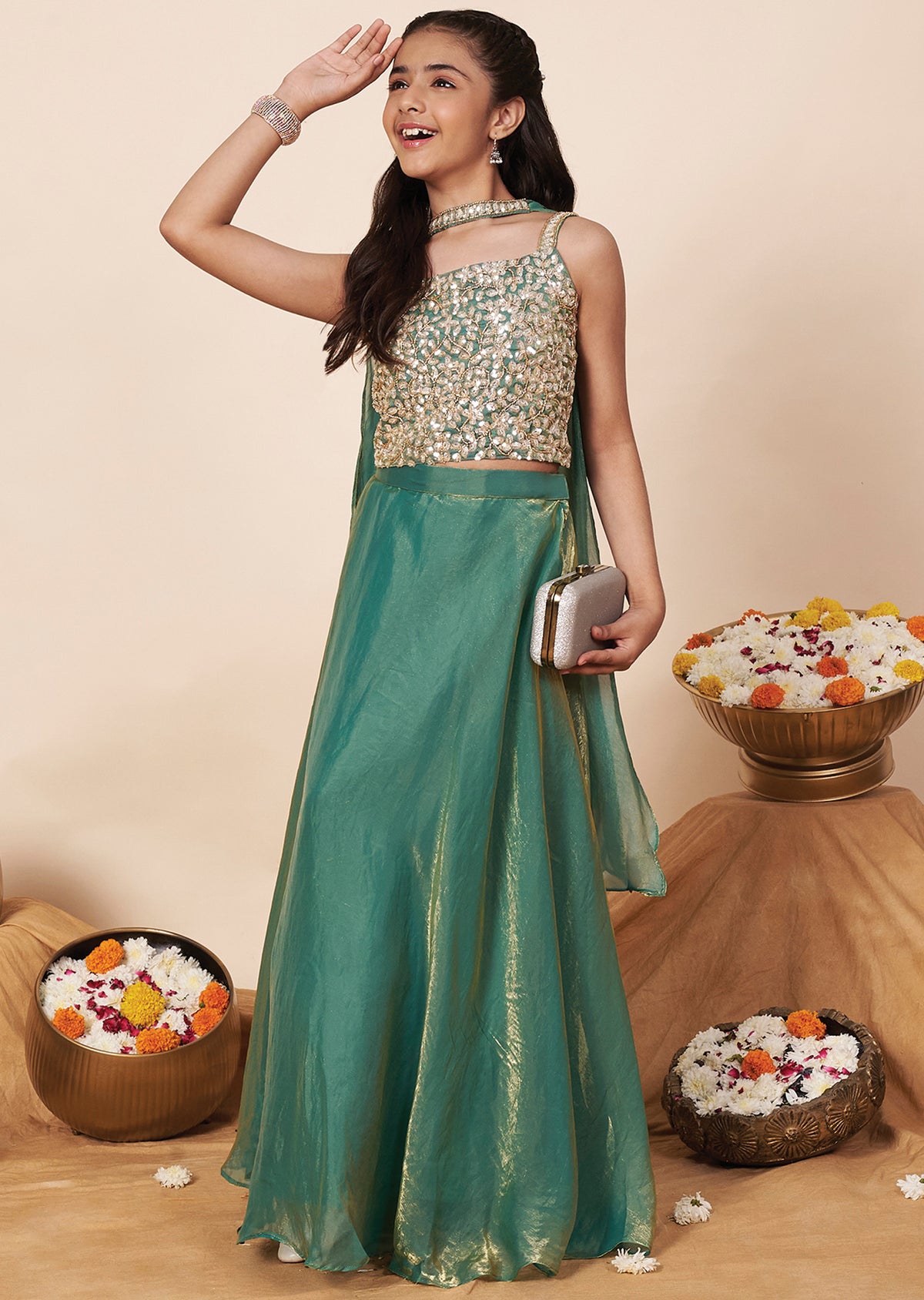 Green Tissue Girls Ghagra Choli