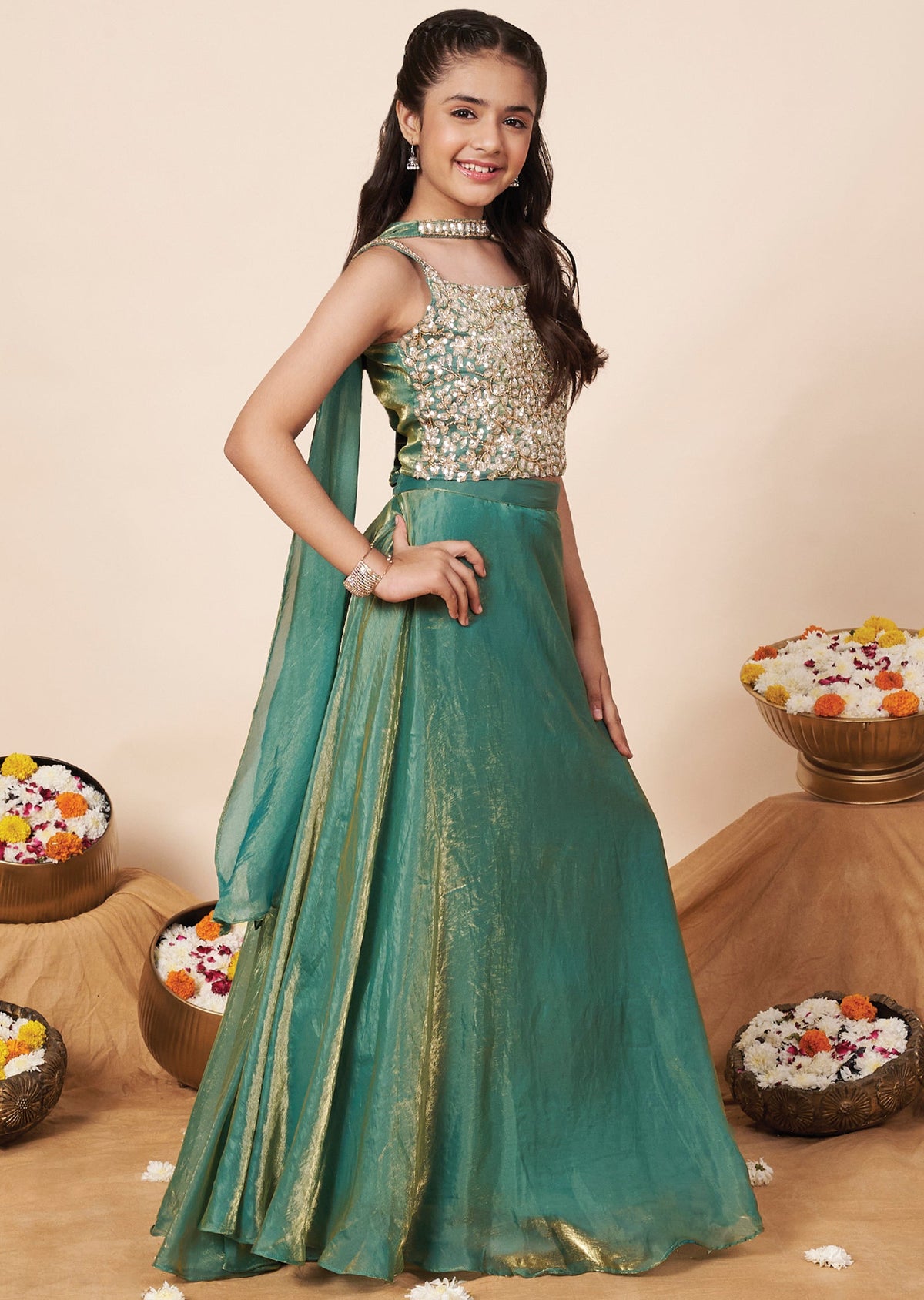 Green Tissue Girls Ghagra Choli
