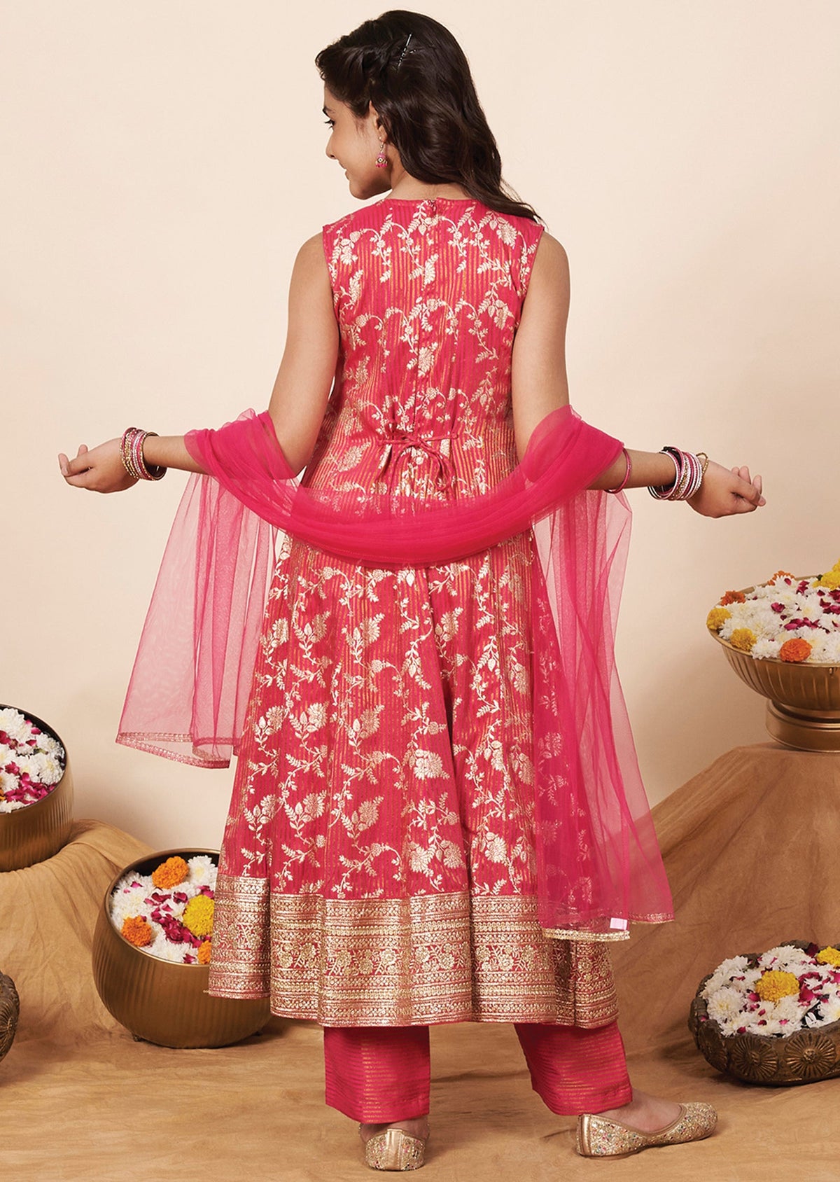 Rani Pink Banaras Girls Anarkali