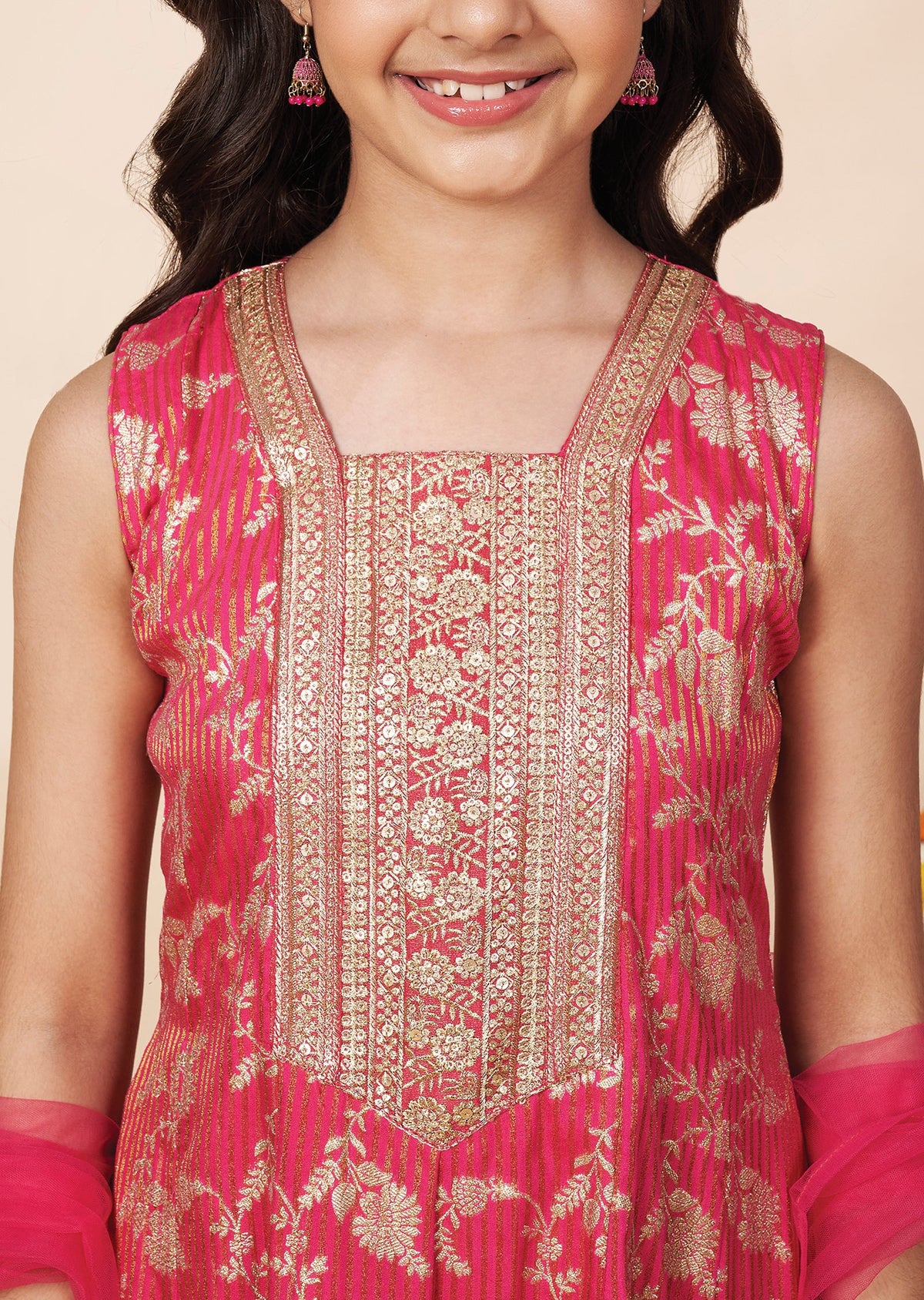 Rani Pink Banaras Girls Anarkali