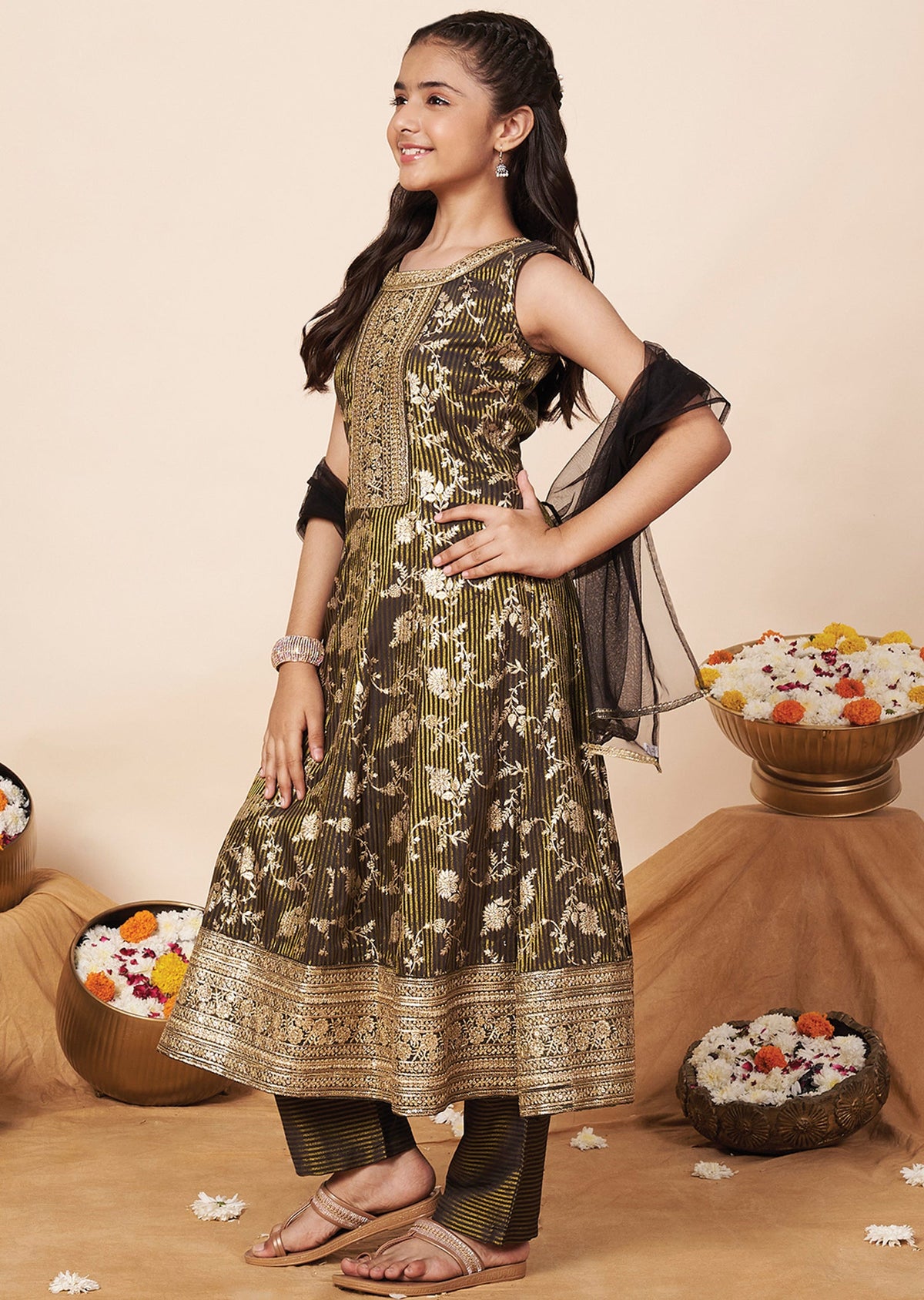 Dark Grey Banaras Girls Anarkali