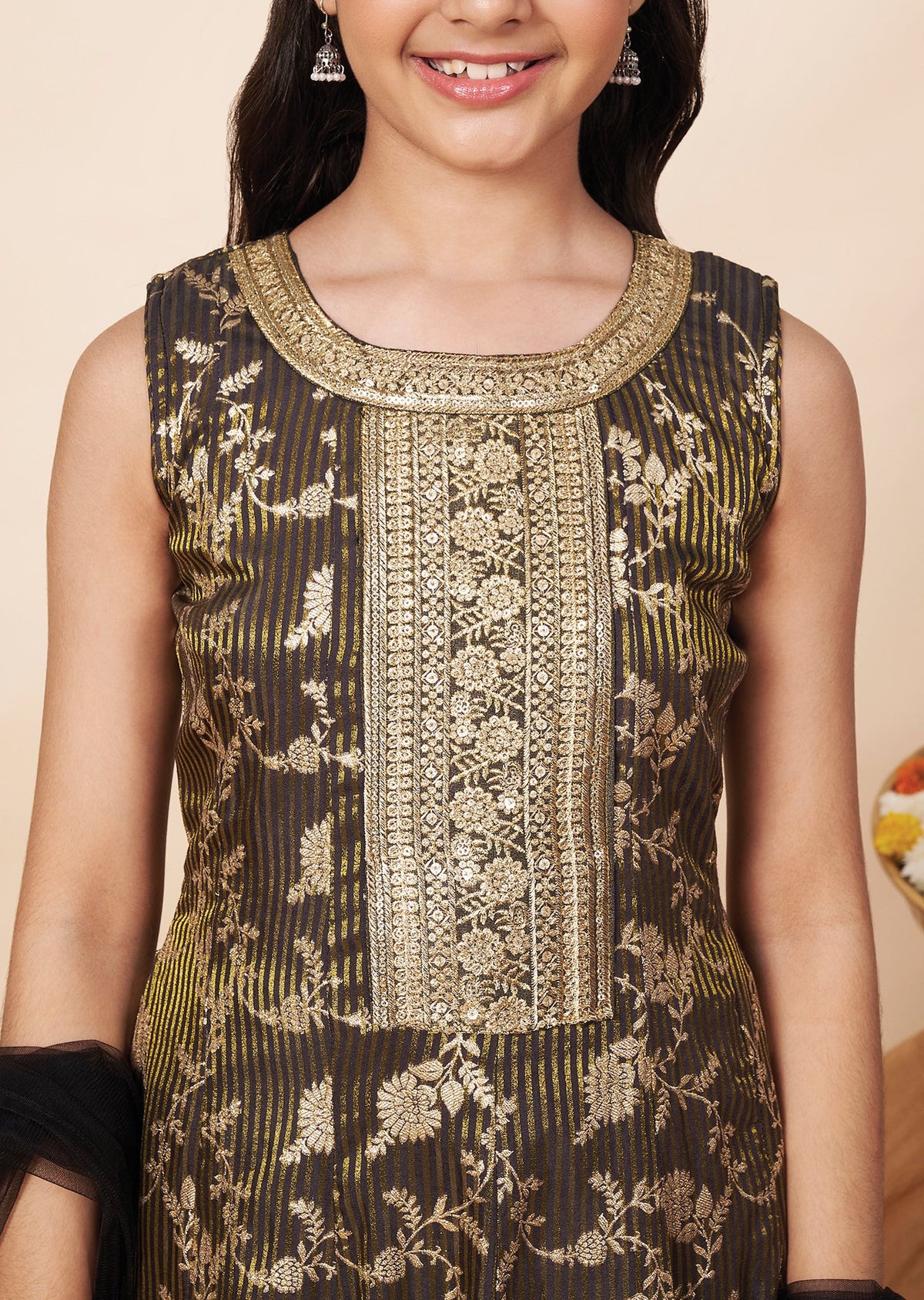 Dark Grey Banaras Girls Anarkali
