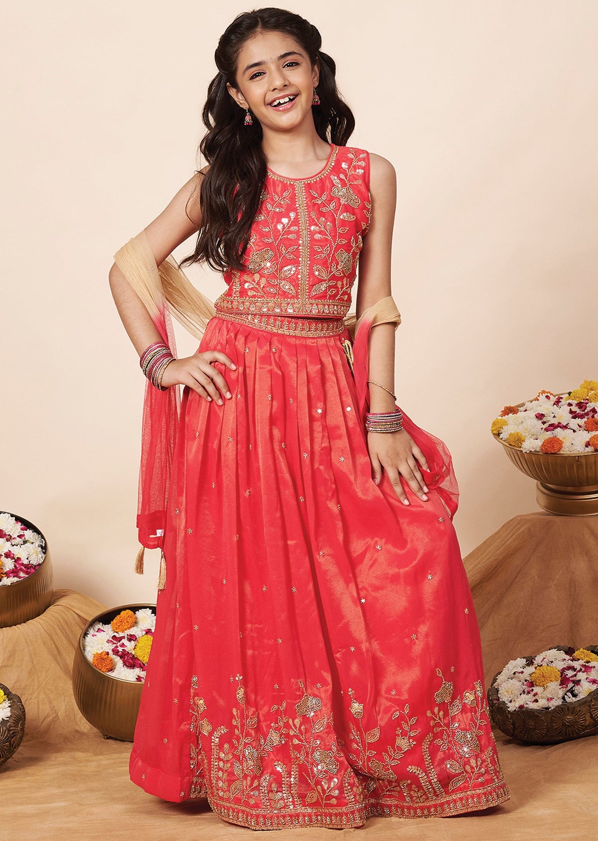 Pink Tissue Girls Ghagra Choli