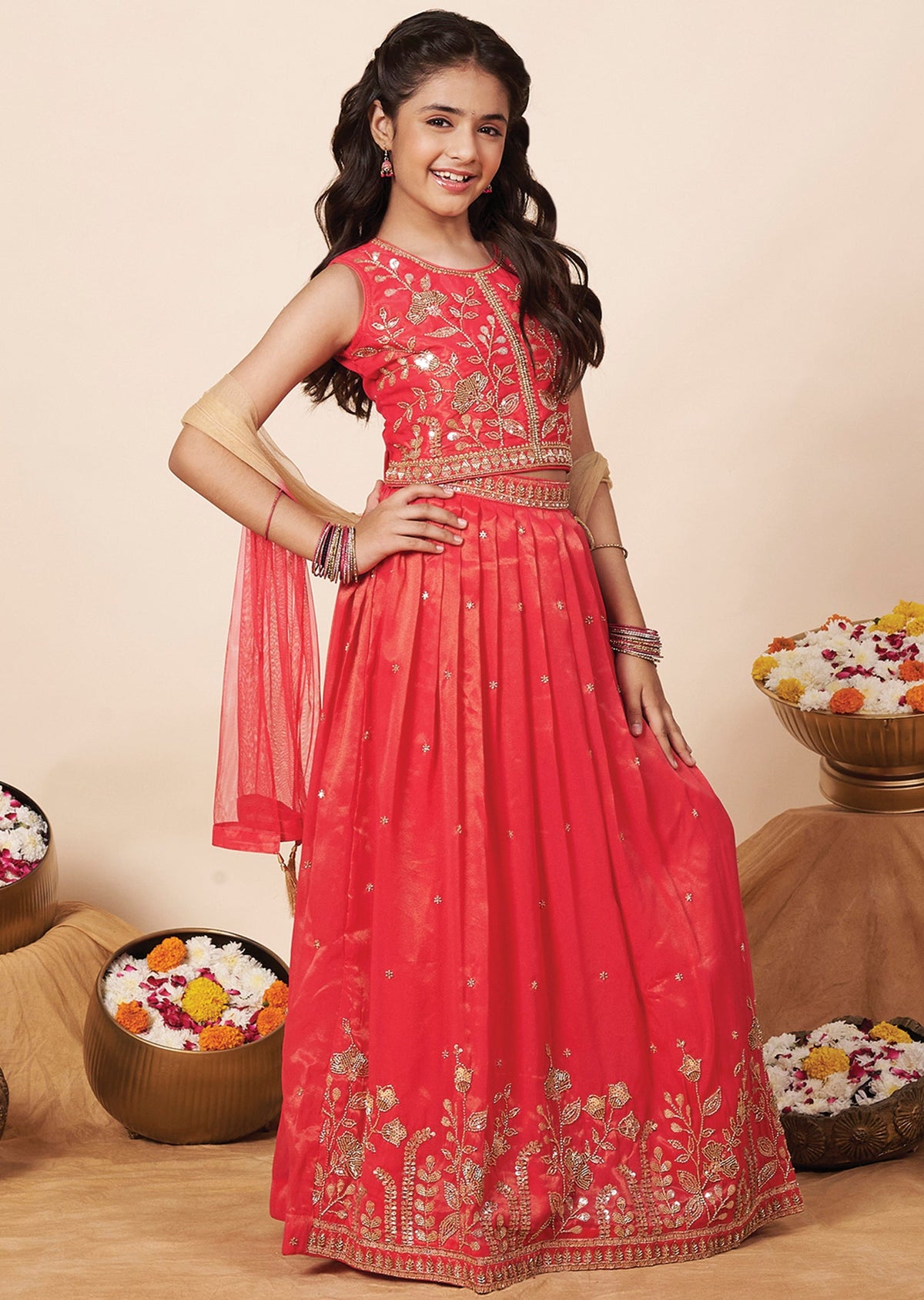 Pink Tissue Girls Ghagra Choli