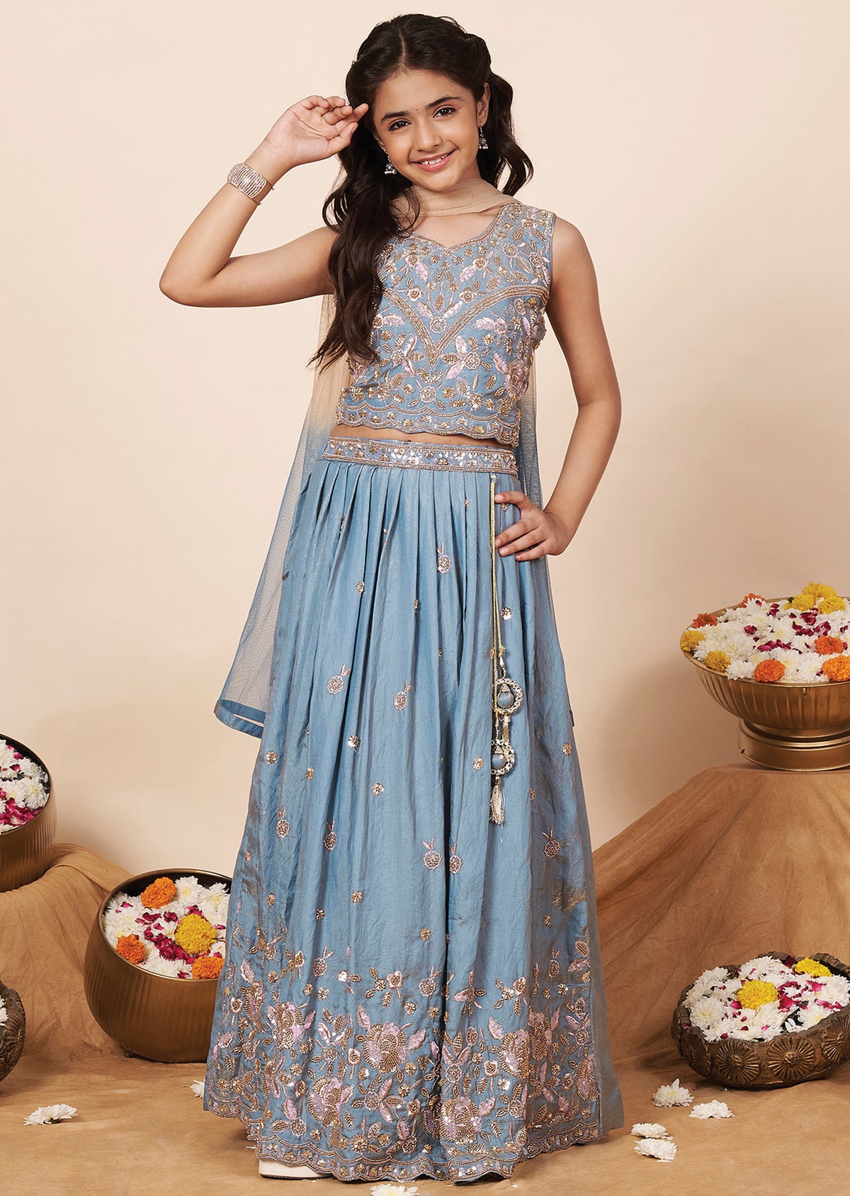 Light Blue Tissue Girls Ghagra Choli