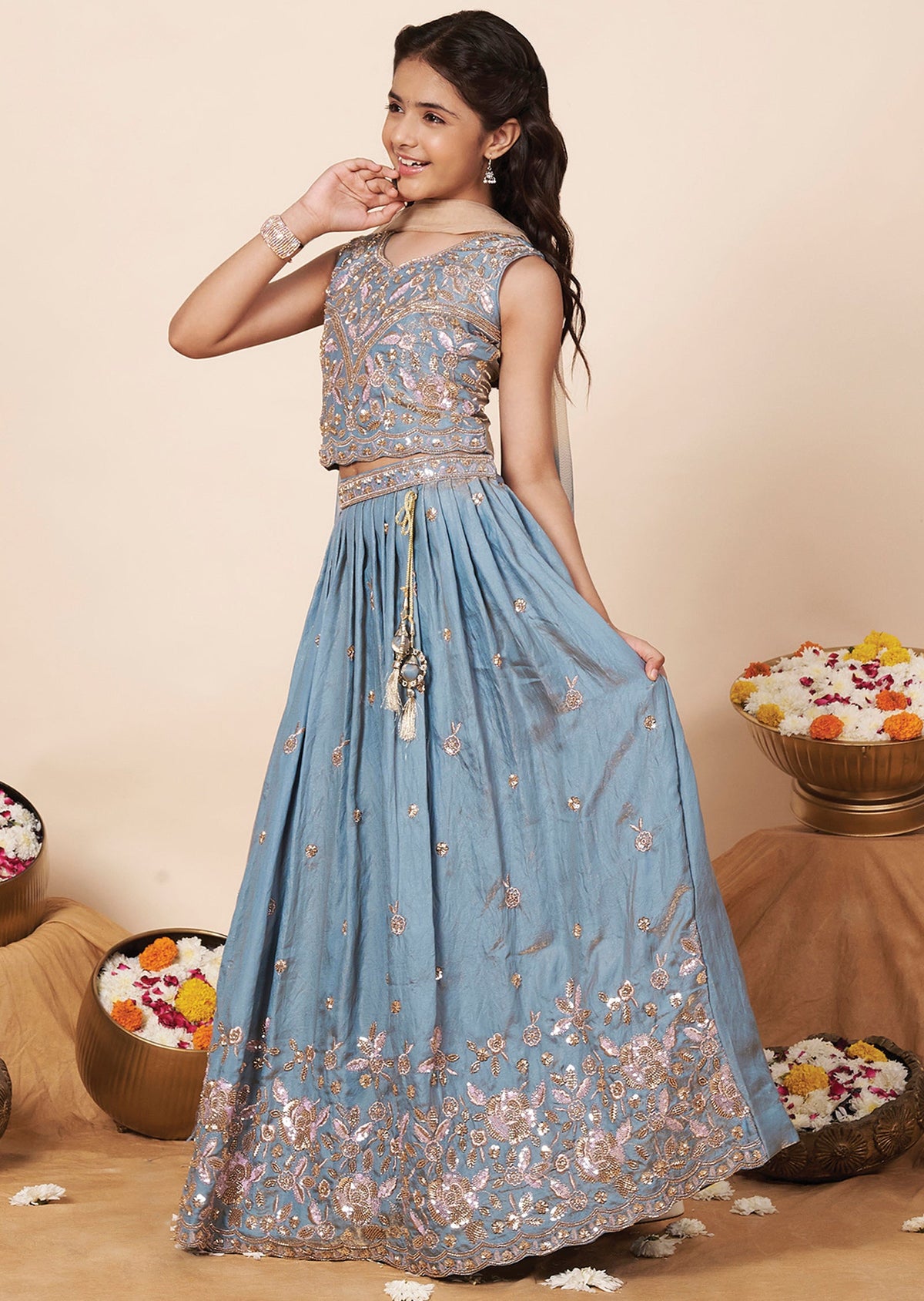 Light Blue Tissue Girls Ghagra Choli