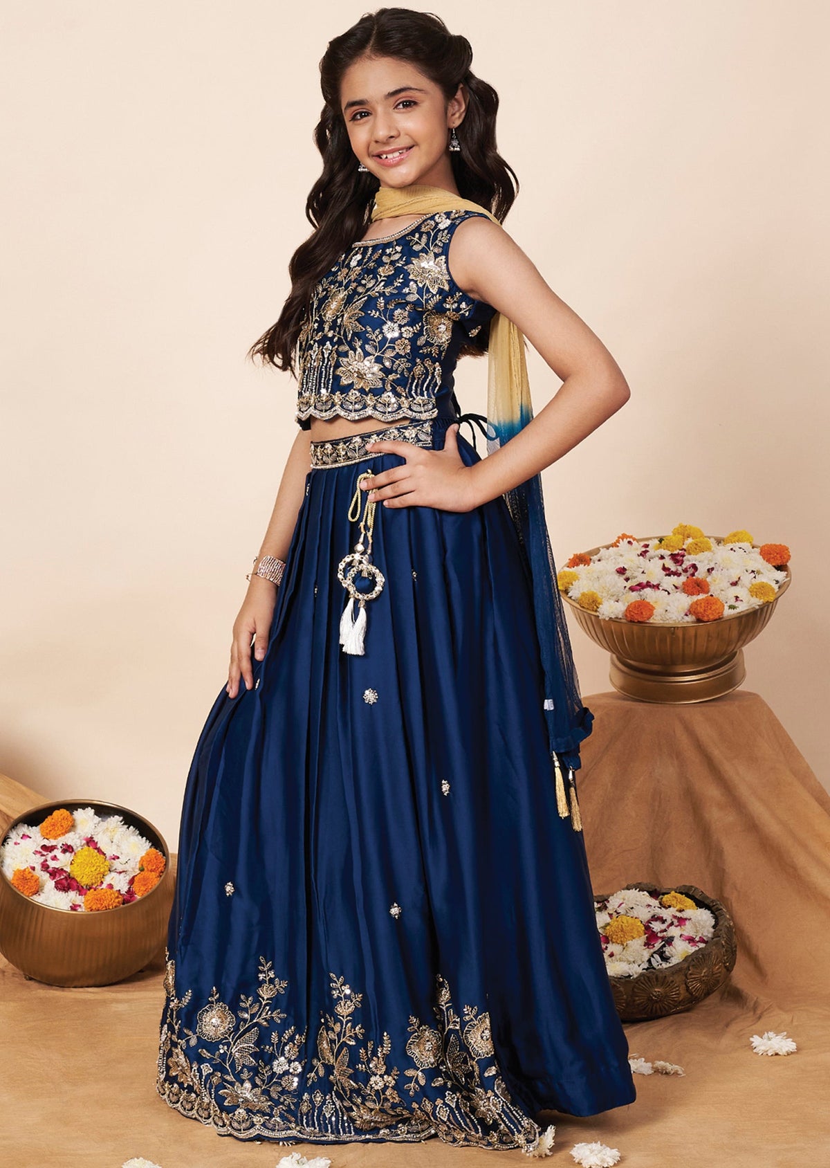 Teal Blue Chiffon Girls Ghagra Choli