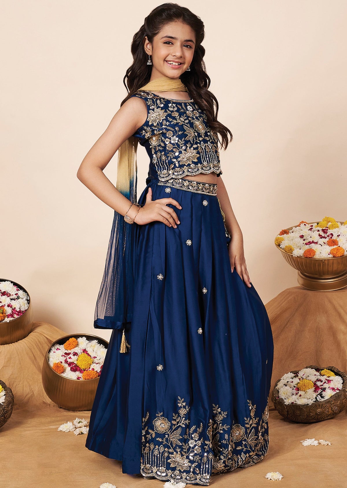 Teal Blue Chiffon Girls Ghagra Choli