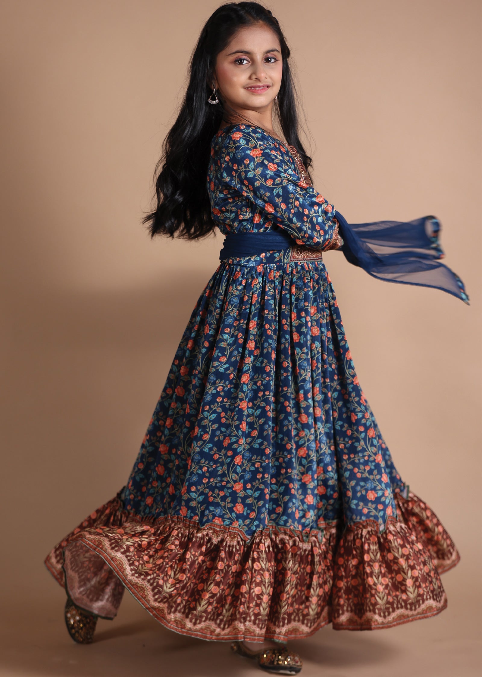 Teal Blue Chinnon Kids Anarkali