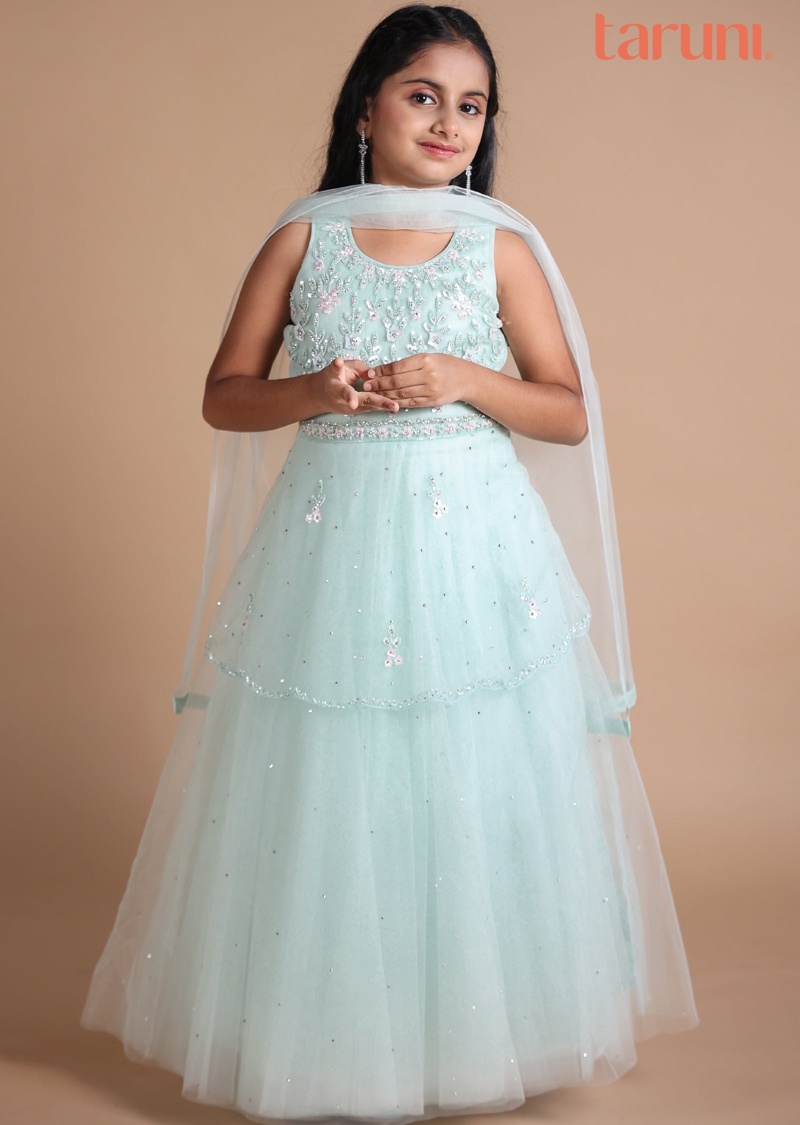 Pista Green Net Sequence & Stone Work Kids Anarkali