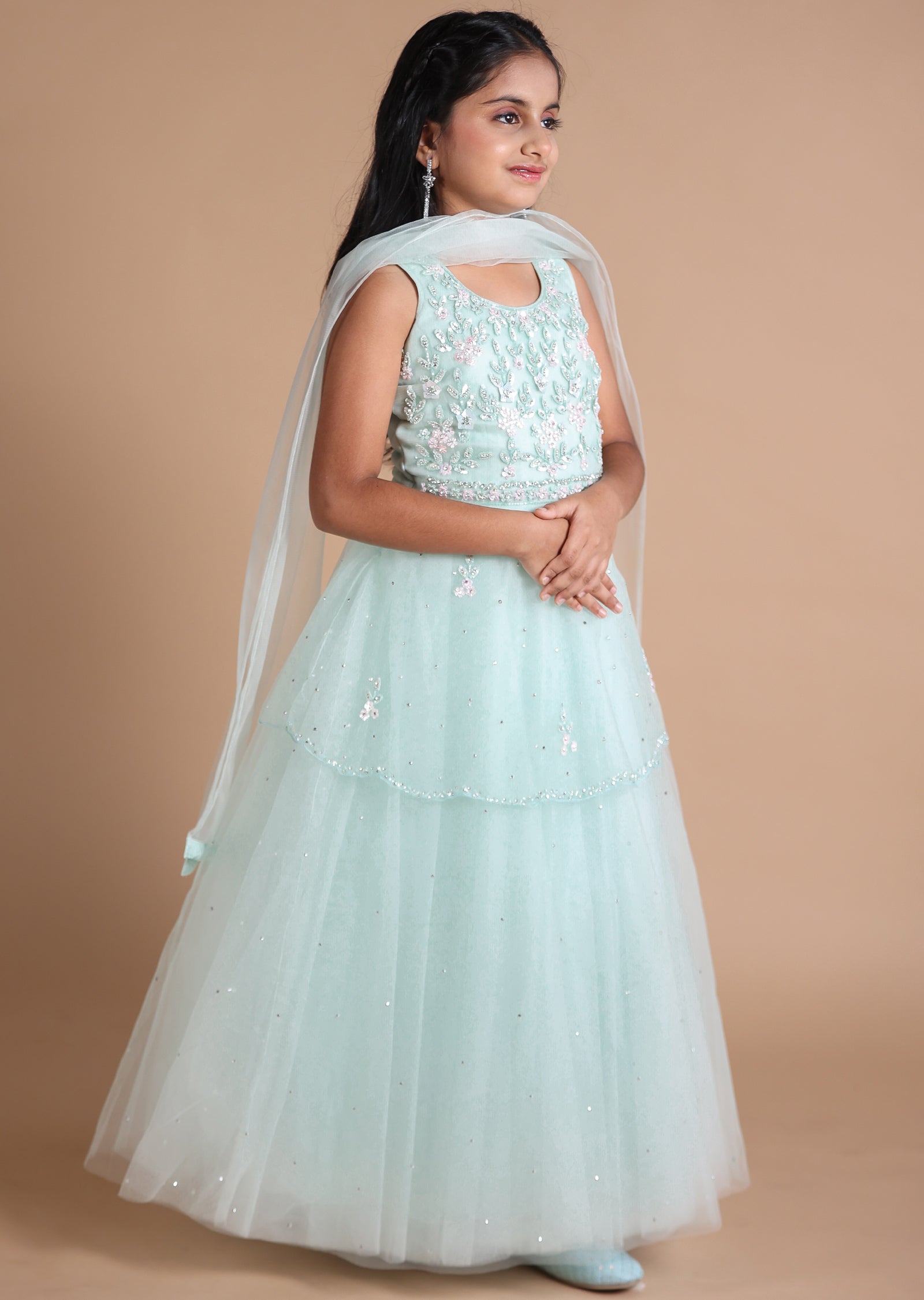 Pista Green Net Sequence & Stone Work Kids Anarkali