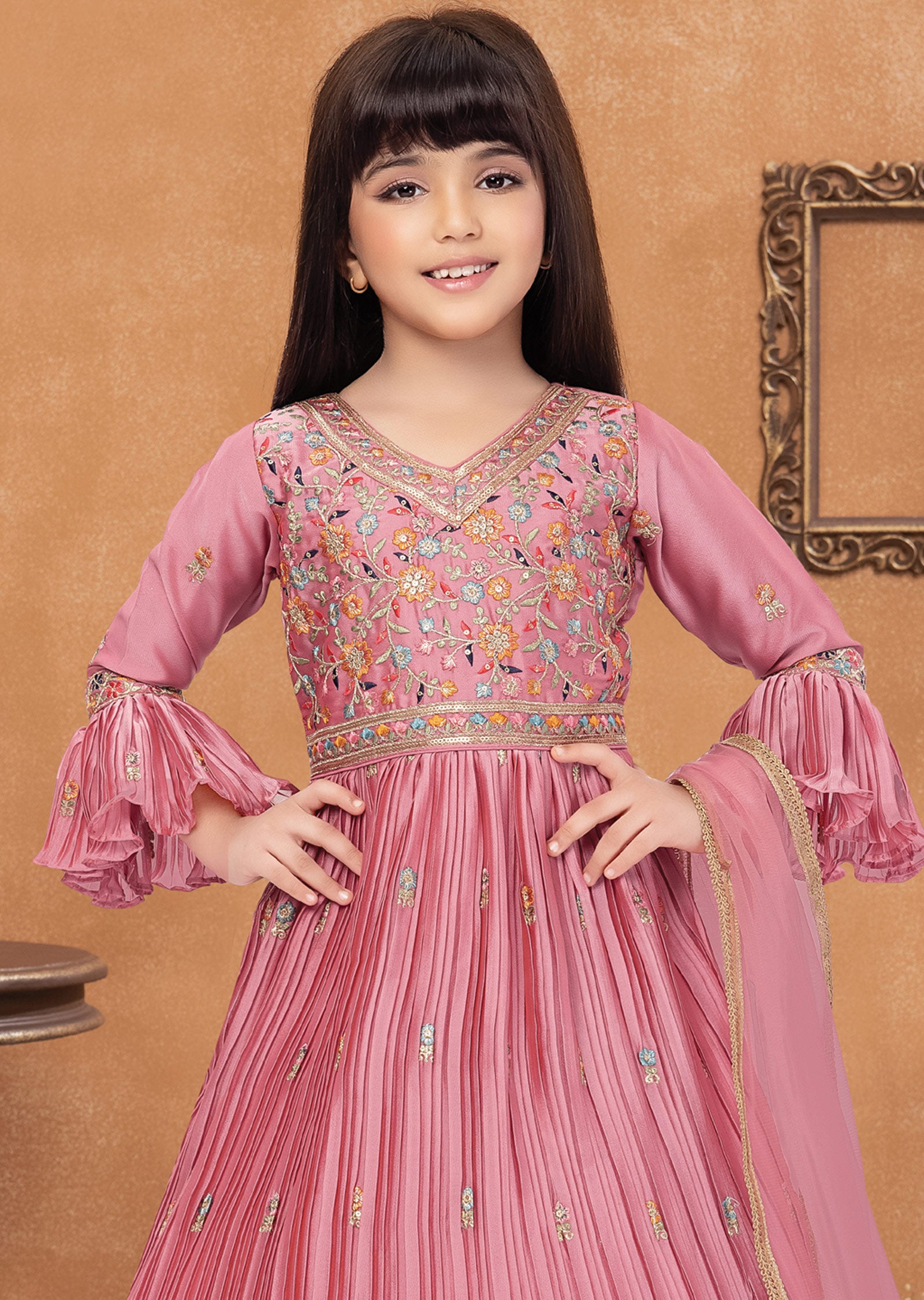 Pink Chiffon Silk Kids Anarkali