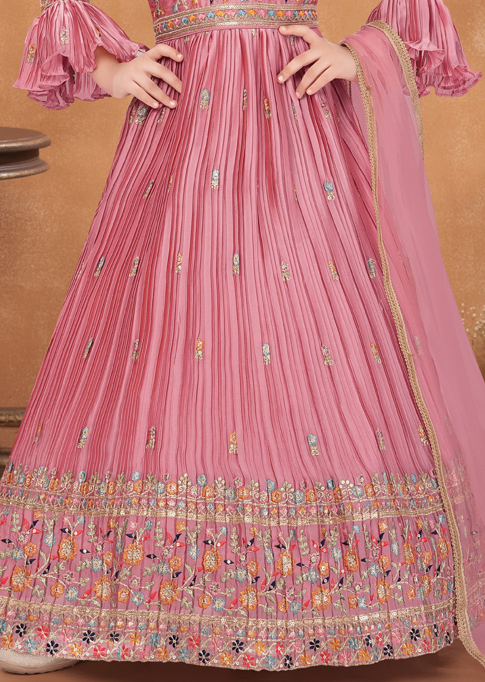 Pink Chiffon Silk Kids Anarkali