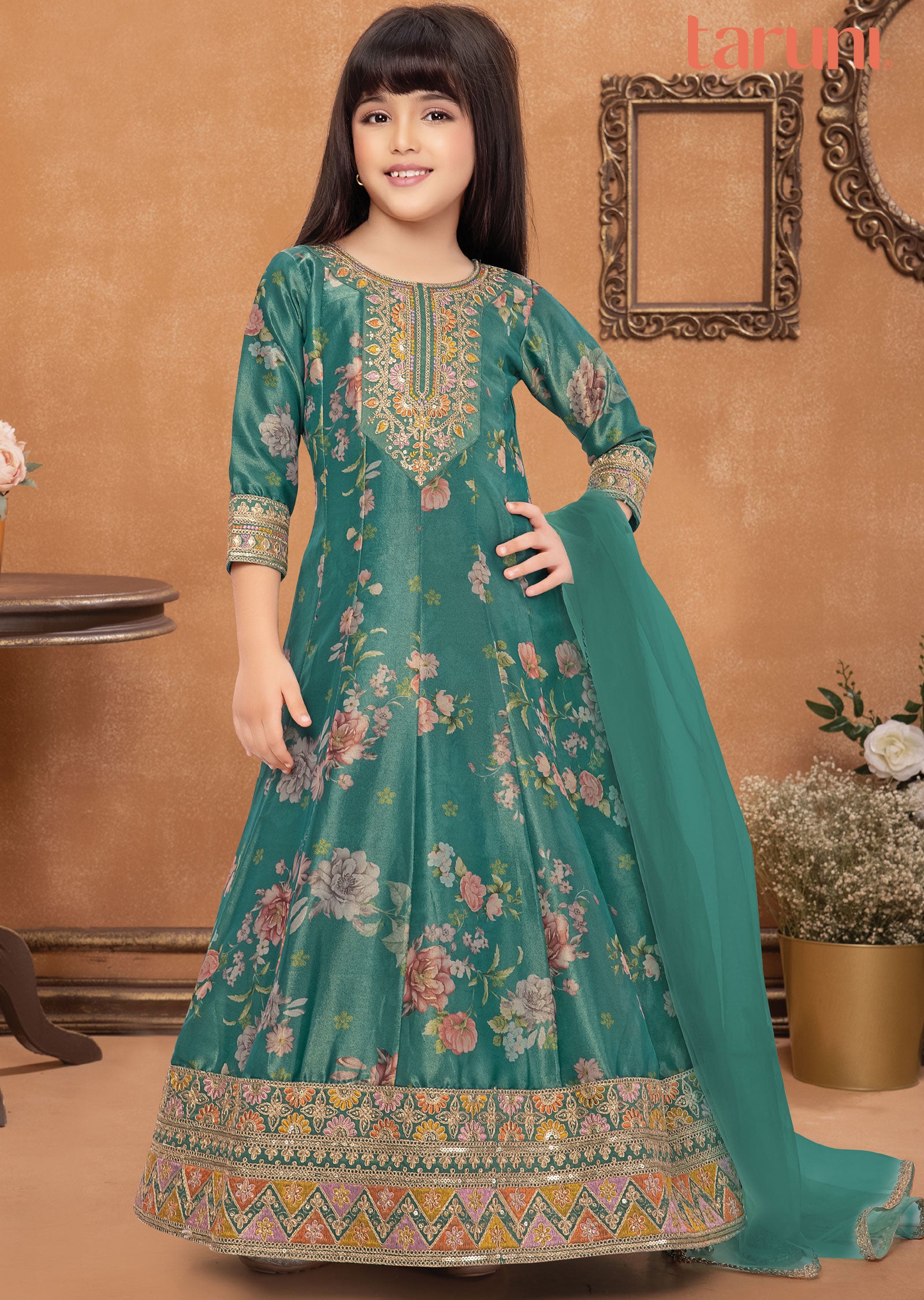 Rama Green Tissue Kids Anarkali