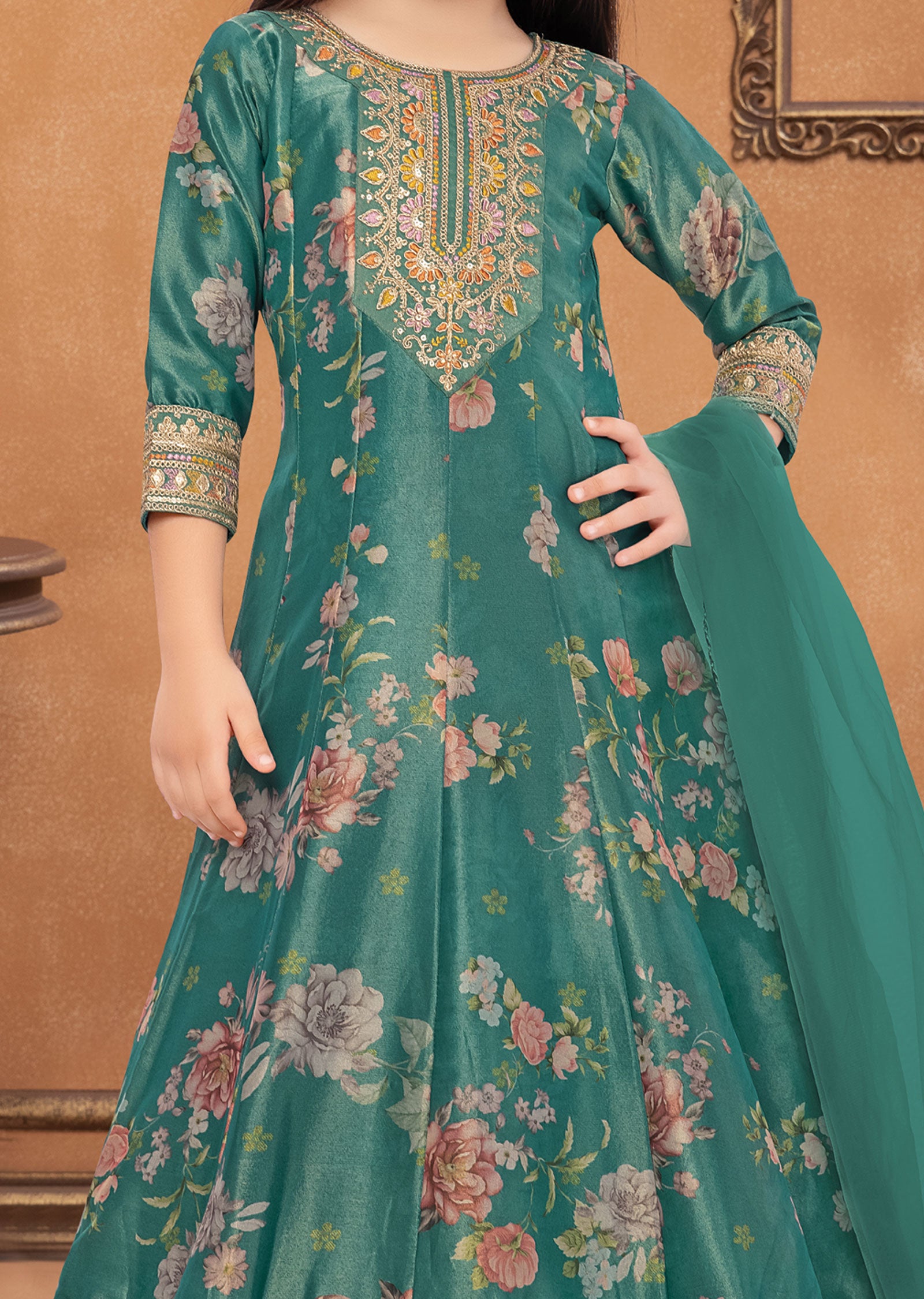 Rama Green Tissue Kids Anarkali