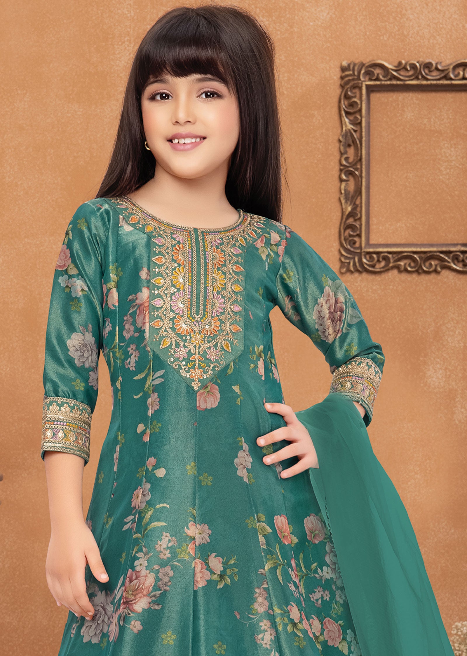 Rama Green Tissue Kids Anarkali