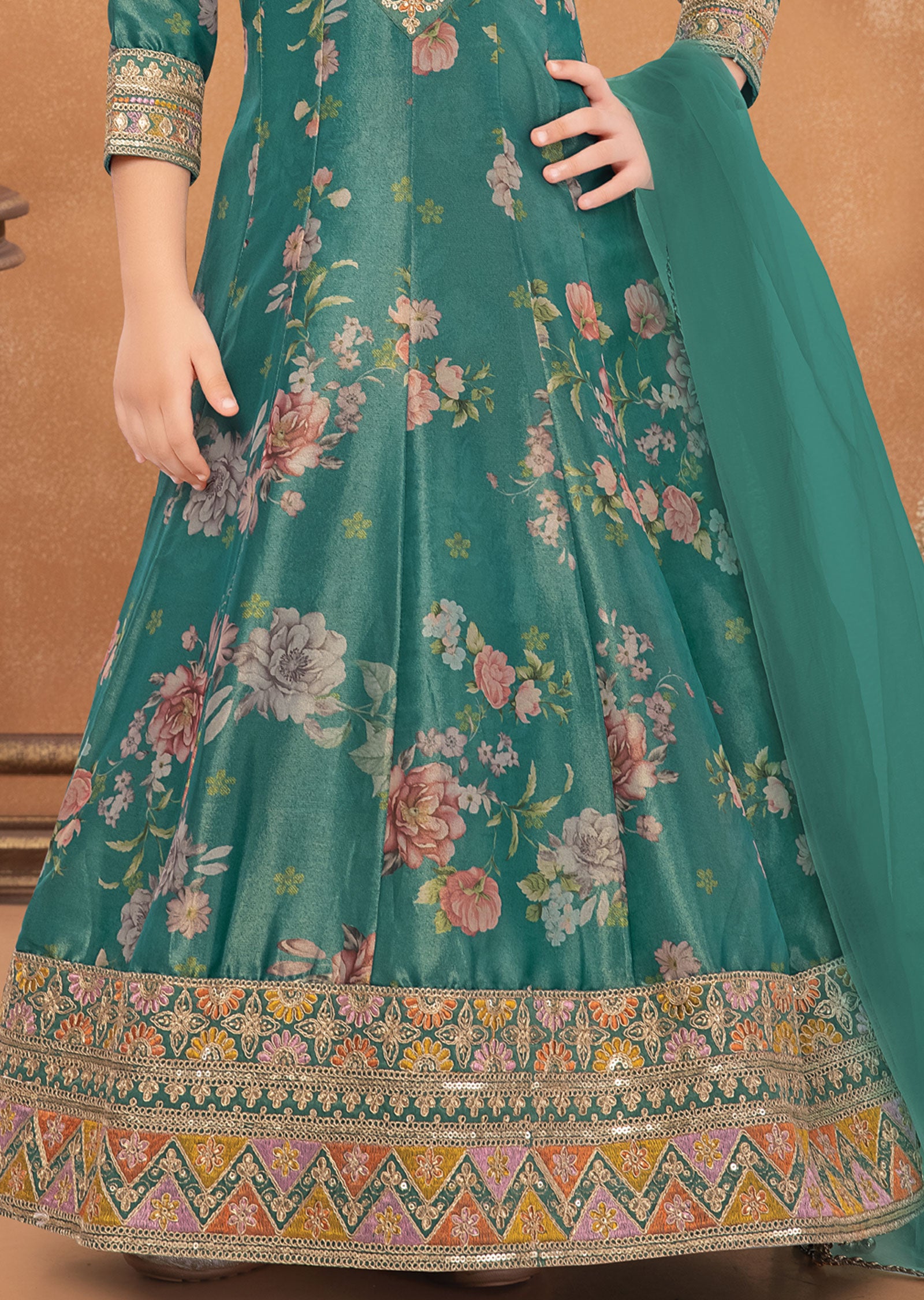 Rama Green Tissue Kids Anarkali