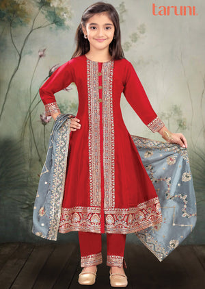 Red Silk Anarkali Suit for Kids